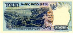 1000 Rupiah 
Blue/Purple
Danau Toba Hills & lake
Nias warrior leaping traditional stone, Lompat batu pulau nias
Wtmrk Woman Banknote