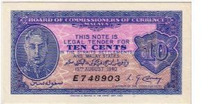 STRAIT SETTLEMENTS=
 10CENTS UNIFACE Banknote