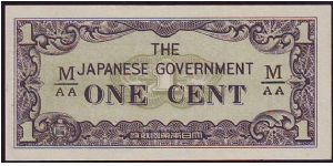 1942 Japanese Invasion Malaya 1 Cent Fractional M/AA Banknote