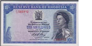 RESERVE BANK OF RHODESIA-
 10/- A SCARCE NOTE Banknote