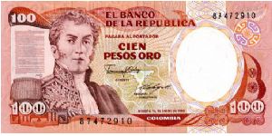 100 Pesos 
Orange
Gen Antonio Narino & Declaration of Indipendence
Liberty head & Villa de Leyva (Boyaca)
Wtrmrk Gen A Narino Banknote