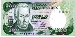 200 pesos
Green/Purple
10/8/92 
Jose Celestino Mutis
Scroll & La Bordadita, Bogota 
Wtrmrk JC Mutis Banknote