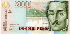 2000 pesos
Pink/Green  
Small note
Brigadier General Francisco José de Paula Santander
5th President of New Granada 1832 to 1836 
Drawing of doorway
Security thread
Wtrmrk FJ de P Santander Banknote