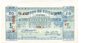 Chihuaua 
Millitary note 
50 Centevos
Aqua/Red/Green
Value & writing
Value & Mexican state seal in green & blue Banknote