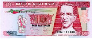 10 Quetzales
Purple/Blue/Yellow/Green
Quetzal bird  & General Miguel Garcia Grandos
National legislative assembly 1872 Banknote