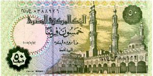 50 piastres 
Green/Purple/Orange
12/5/2005
Al Azhar Mosque & University of Cairo 
Drawing taken from the facade of a Pharaonic temple,  Statue of Ramsis II, a collection of lotus flowers & sun boat
Security thread
Wtmrk Tutankhamen's mask Banknote