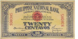 PI-40 Philippine National Bank 20 centavos note in series, 1 - 2. Possible counterfeit. Banknote