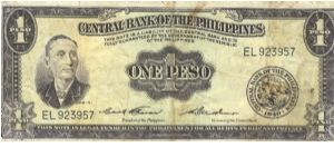 PI-133 Central Bank of the Philippines 1 Peso note, signature group 3. I will trade this note for notes I need. Banknote