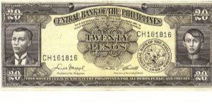PI-137 Central Bank of the Philippines 20 Pesos note, signature group 5. I will trade this note for notes I need. Banknote