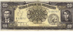 PI-137 Central Bank of the Philippines 20 Pesos note with RARE signature group 2. Banknote