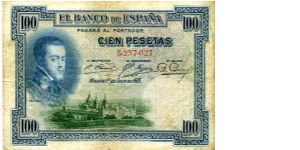 100 ptas
Blue/Green/Red
Felipe II & 
Retreat of Felippe II 
Wtrmk  Felippe II Banknote