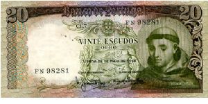 20 Escudos
Green/Pink
Saint Antonio of Padua
Church of Saint Antonio Lisbon
Wtrmk Saint Antonio Banknote