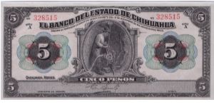 1913 EL BANCO DEL ESTADO DE CHIHUAHUA 5 *CINCO* PESOS


(SUPER CRISP, NICE BIGHT ORANGE REVERSE)


S132 Banknote