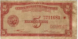 126a RARE Central Bank of the Philippines 5 centavos replacement note. Banknote