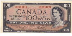 BANK OF CANADA-
 $100. PRINTING ERROR NOTE-EXTRA COLOURING AT THE REVERSE SIDE
C/J 3638059 Banknote