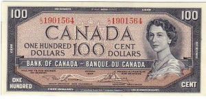 BANK OF CANADA-
$100 QEII NORMAL COLOUR PRINTING FRONT AND BACK
C/J 1901564 Banknote
