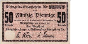 KONIGSBURG (MUNICIPAL)~50 Pfennige 1917. Now Kaliningrad, Russia Banknote