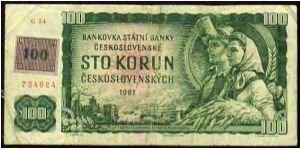 100 Korun
Pk 1c
-----------------
Revalidation Stamp Affixed o.d 1961
----------------- Banknote