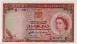 BANK OF RHODESIA AND NYASALAND-
 10/- Banknote