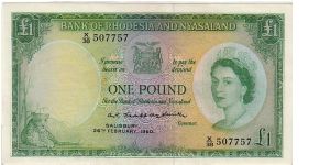 BANK OF RHODESA AND NYASALAND
 ONE POUND Banknote
