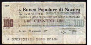 100 Lire
Pk NL

(Emergency Notes_
Local Mini-Check-
Banca Popolare di Novara
20-01-1977) Banknote