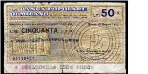 50 Lire
Pk NL

(Emergency Notes_
Local Mini-Check-
Banca Popolare di Milano
10-05-1977) Banknote