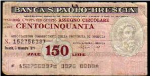 150 Lire
Pk NL

(Emergency Notes_
Local Mini-Check-
La Banca San Paolo di Brescia
03-11-1977) Banknote