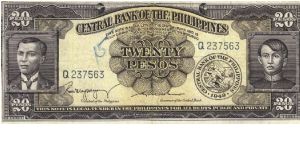 PI-137b Philippine English Series 20 Pesos note with scarce signature group 2. Banknote