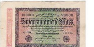 20,000 MARK

G-WK  311633

20.2.1923

P # 85 B Banknote