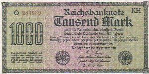 1000 MARK

O 283939  KH

15.9.1922

P # 76 H Banknote