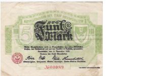 5 MARK

No 00089

12.11.1918 Banknote