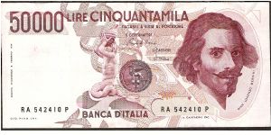 50,000 Lire.

Gian Lorenzo Bernini at right, figurine at center on face; equestrian statue at left center on back.

Pick #113a Banknote