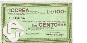 CREDIT NOTE

100 LIRE

No.1186975

14.1.1977 Banknote