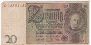 20 DEUTSCHE MARK

G 33351437

22.1.1929 OLD DATE

P # 5 A Banknote