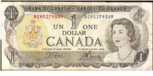 1 Dollar.

Queen Elizabeth II at right, arms at left on face; Parliament Building as seen from across the Ottawa River on back.

Pick #85a Banknote