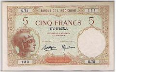 FRENCH INDO CHINA
5 PIASTRES
NEW CALEDONIA Banknote