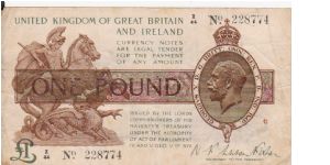 UK & Ireland Treasury Banknote - £1 Note issued during WW1.

Note depicts George V, another monarch would not be depicted on British Banknotes again until Queen Elizabeth II on the Series C banknotes Banknote