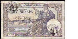 100 Dinara__
Pk R 13 b__

WWII__
Italian Occupation of Montenegro__
Hand Stamp
#Verificato#__
Issued 1941
 Banknote