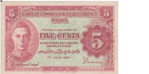 Malaya George VI 5c dated 1941 Banknote