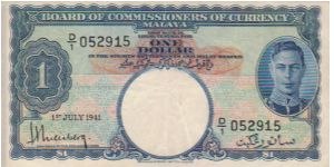 Malaya George VI $1 dated 1941 Banknote