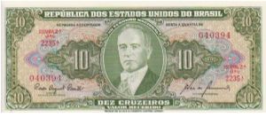 Brazil 10Cr Olive Front 1950's/60's Banknote
