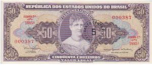 Brazil 50Cr Mauve Front 1950's/60's overstamped with 5 Centavos Banknote