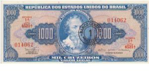 Brazil 1000Cr Orange Front 1950's/1960's overstamped with 1 Cruzeiro Novo Banknote