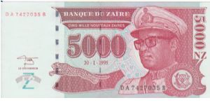 Zaire 5000 Nouveaux Zaires dated 1995 Banknote