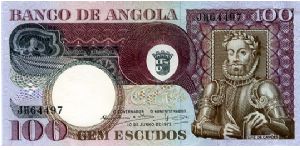 100 Escudos
Purple/Blue/Brown/Green 
Coat of arms & Luiz de Camoes 
Palm tree & Coconuts
Security thread
Wtr mk Camoes Banknote