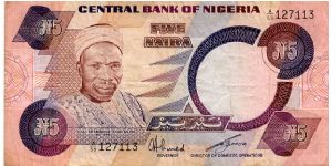 5 Naira
Purple/Brown
Sir Abubakar Tafawa Balewa, Politician
Nkpokiti dancers
Security thread
Watermark Bird Banknote