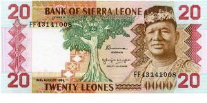 20 Leones
Brown/Green
Tree & President S Stevens 
Two young men pan mining
Security thread
Watermark Lion Banknote