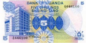 5 Shillings
Blue/Green/Pink/Brown
Bank of Uganda & value
Woman picking coffee beans
Security thread
Watermark Bird Banknote