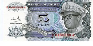 5 Nouveau Makuta
Black/Green/Purpl 
Leopard & President Mobutu
Monument
Security thread Banknote