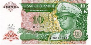10 Nouveau Makuta
Green/Brown/Yellow
Sig 9 
Leopard & President Mobutu
Elephant tusks, Factory & Pyramid
Security thread Banknote